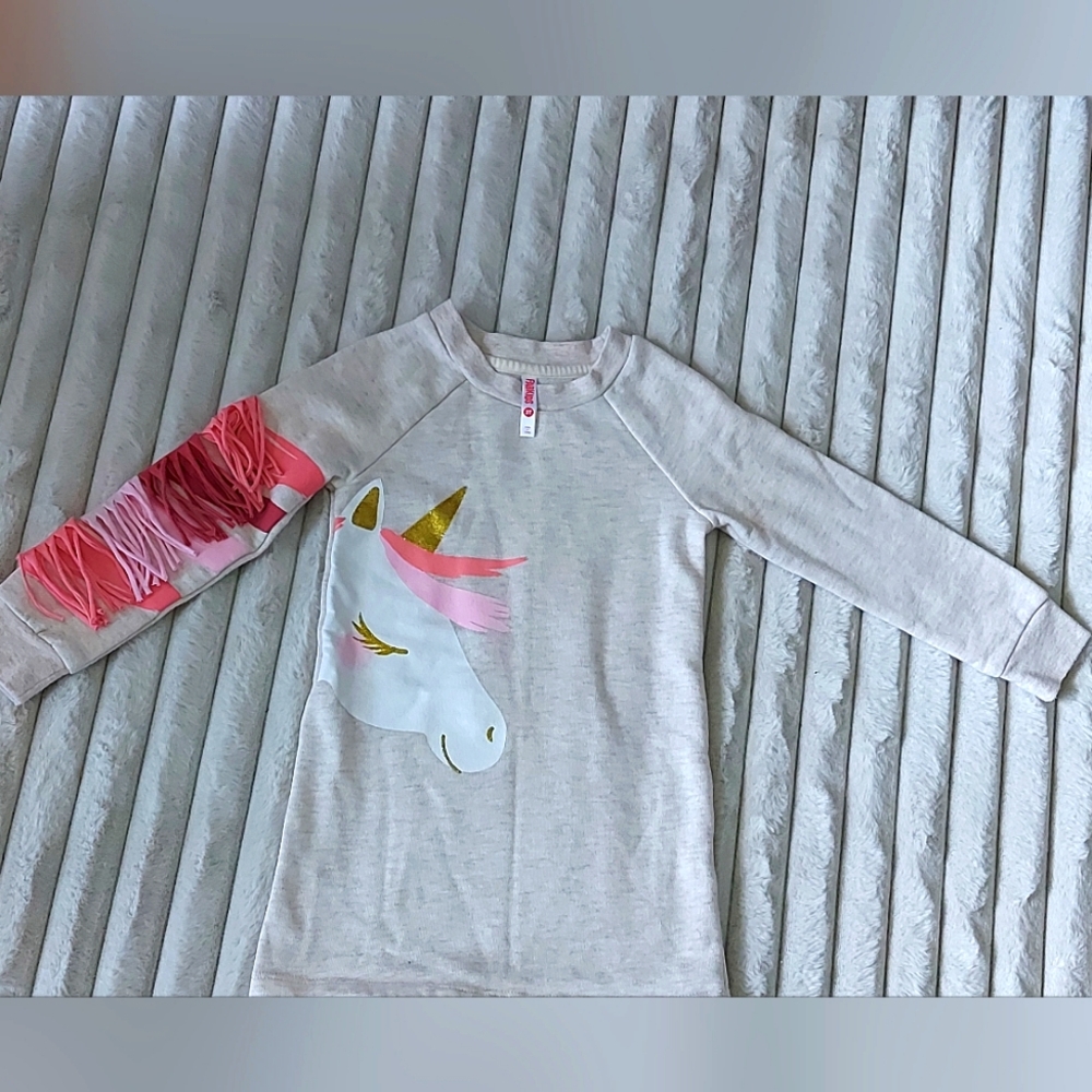 Unicorn Print Kids Sweater Dress with Pink and Gold Accents, 3D Design